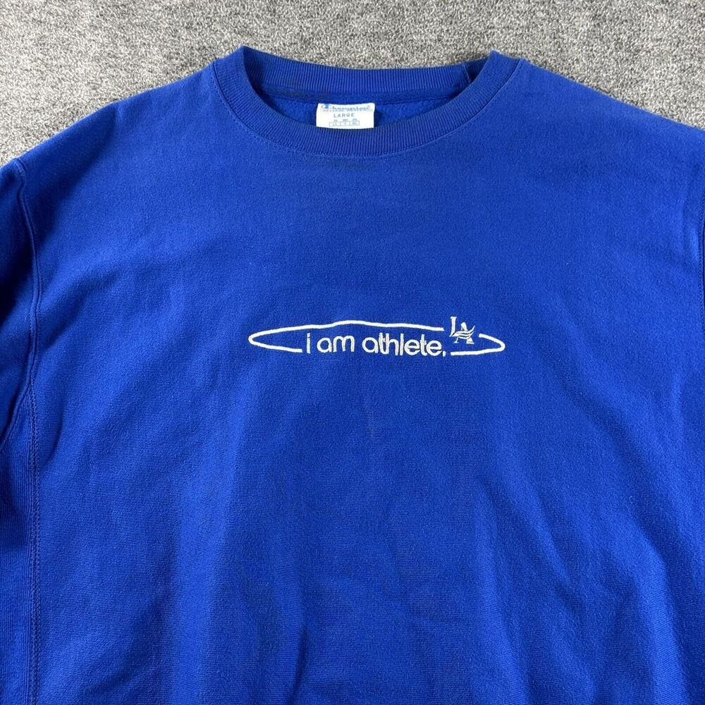 Champion Mens Sz L Reverse Weave Blue Sweatshirt LA I Am Athlete Logo Crew Neck